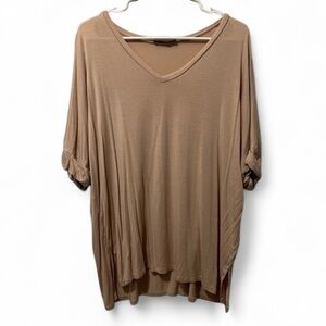 Shop Basic USA Women's Tan Peach Stretchy Soft V-Neck Top Cuff Sleeve Size Large